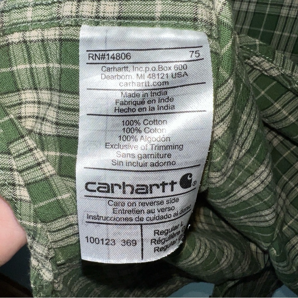 Carhartt Green Plaid Long Sleeve Button-Down Shirt Men’s Large 100% Cotton - Picture 9 of 12